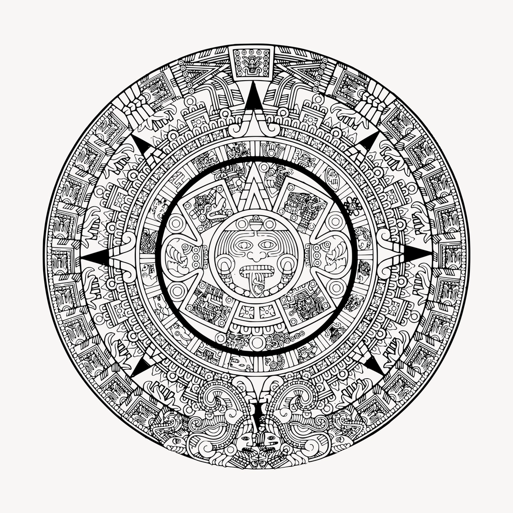 Aztec calendar drawing, vintage illustration